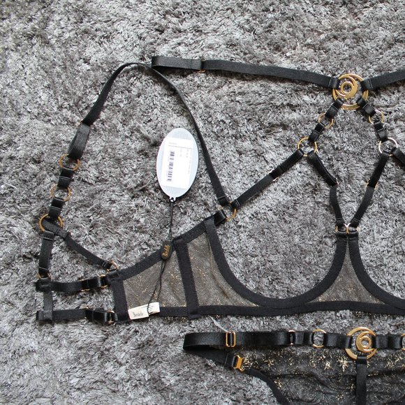 SOLD Bordelle Selene Open Ouvert Wire Bra Thong set Black Gold star embroidery - Picture 7 of 12